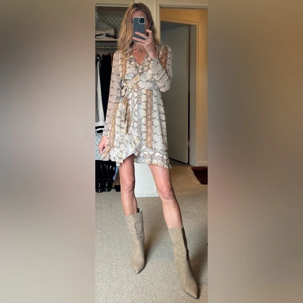 Wilfred Aritzia Louise Snakeskin Print Chiffon Wrap Ruffle Mini Dress - Picture 8 of 17